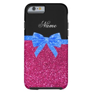 Personalized name neon hot pink glitter blue bow tough iPhone 6 case