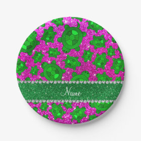 Personalized name neon pink glitter sea turtles 7 inch paper plate