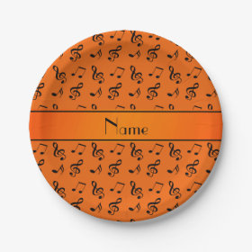 Personalized name orange music notes 7 inch paper plate