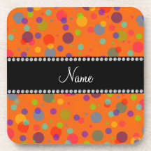 Personalized name orange rainbow polka dots drink coasters
