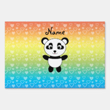 Personalized name panda rainbow hearts lawn sign