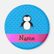Personalized name penguin blue hearts magnet