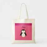 Personalized name penguin pink stripes canvas bags