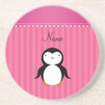 Personalized name penguin pink stripes drink coasters