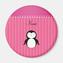 Personalized name penguin pink stripes refrigerator magnet