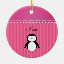 Personalized name penguin pink stripes christmas tree ornaments