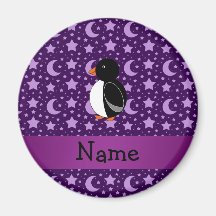 Personalized name penguin purple stars and moons refrigerator magnet