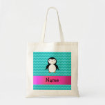 Personalized name penguin turquoise chevrons bag