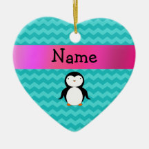 Personalized name penguin turquoise chevrons christmas ornament