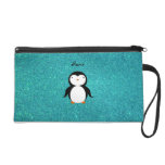 Personalized name penguin turquoise glitter wristlet purse