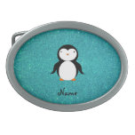 Personalized name penguin turquoise glitter oval belt buckle