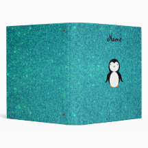 Personalized name penguin turquoise glitter binder