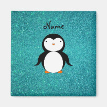 Personalized name penguin turquoise glitter fridge magnets