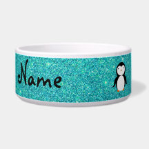 Personalized name penguin turquoise glitter dog water bowl