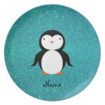 Personalized name penguin turquoise glitter plates