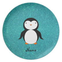 Personalized name penguin turquoise glitter plates