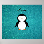 Personalized name penguin turquoise glitter posters