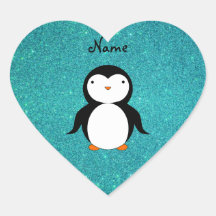 Personalized name penguin turquoise glitter heart sticker