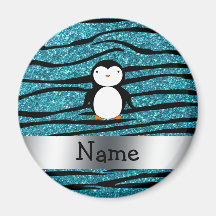 Personalized name penguin turquoise glitter zebra magnet