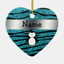 Personalized name penguin turquoise glitter zebra christmas ornament