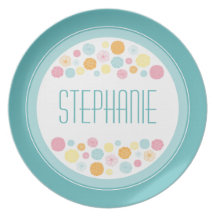 Personalized name pink aqua orange flowers plate