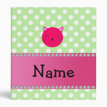 Personalized name pink cat face green polka dots binder