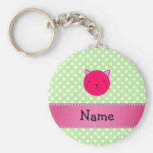 Personalized name pink cat face green polka dots key chains