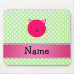 Personalized name pink cat face green polka dots mouse pads