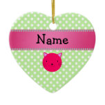 Personalized name pink cat face green polka dots christmas ornaments