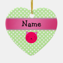 Personalized name pink cat face green polka dots christmas ornaments