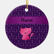 Personalized name pink cat purple stars christmas tree ornaments