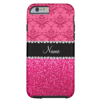 Personalized name pink damask pink glitter tough iPhone 6 case