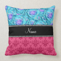 Personalized name pink damask turquoise roses throw pillows