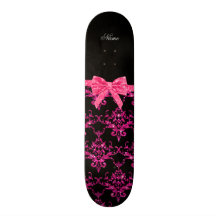 Personalized name pink glitter damask pink bow skate boards