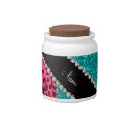 Personalized name pink leopard turquoise glitter candy dishes at Zazzle