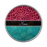 Personalized name pink leopard turquoise glitter jelly belly candy tin at Zazzle