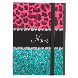 Personalized name pink leopard turquoise glitter iPad air cover