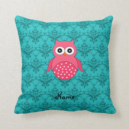 Personalized name pink owl turquoise damask throw pillow Zazzle