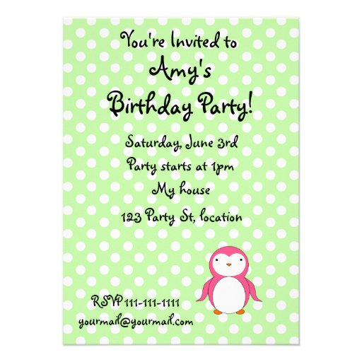 Personalized name pink penguin green polka dots announcements (front side)