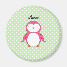 Personalized name pink penguin green polka dots fridge magnets
