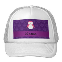 Personalized name pink penguin purple damask mesh hats