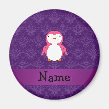Personalized name pink penguin purple damask magnet