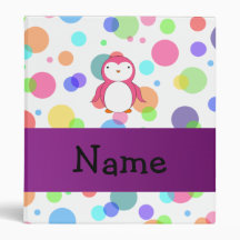 Personalized name pink penguin rainbow polka dots binder
