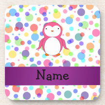 Personalized name pink penguin rainbow polka dots drink coaster