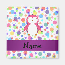 Personalized name pink penguin rainbow polka dots refrigerator magnets
