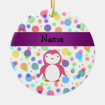 Personalized name pink penguin rainbow polka dots ornament