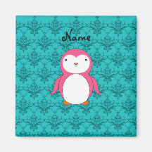 Personalized name pink penguin turquoise damask fridge magnet