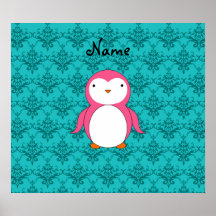 Personalized name pink penguin turquoise damask posters