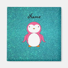 Personalized name pink penguin turquoise glitter fridge magnet
