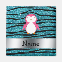 Personalized name pink penguin zebra stripes refrigerator magnets